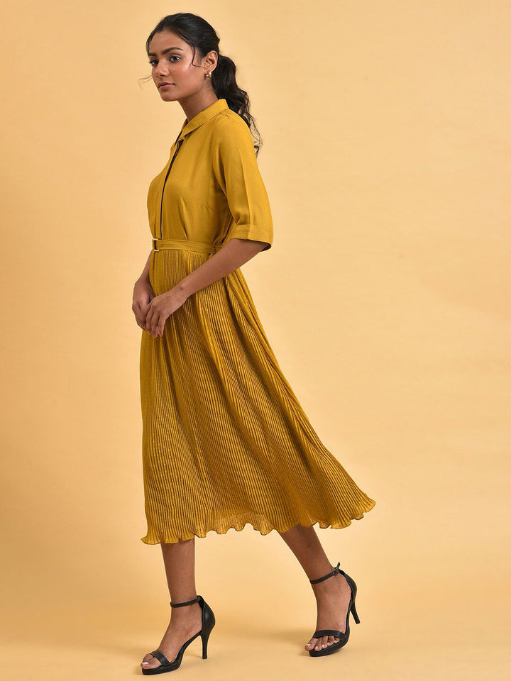 W Shirt Collar A-Line Midi Dress