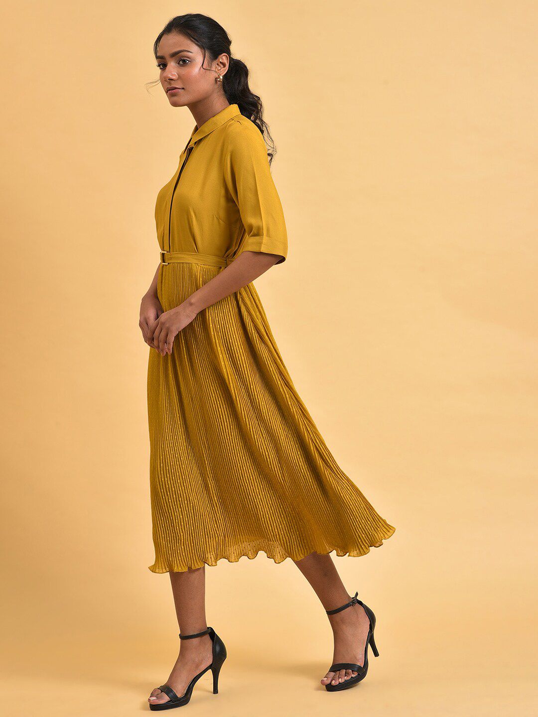 W Shirt Collar A-Line Midi Dress