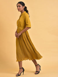 W Shirt Collar A-Line Midi Dress