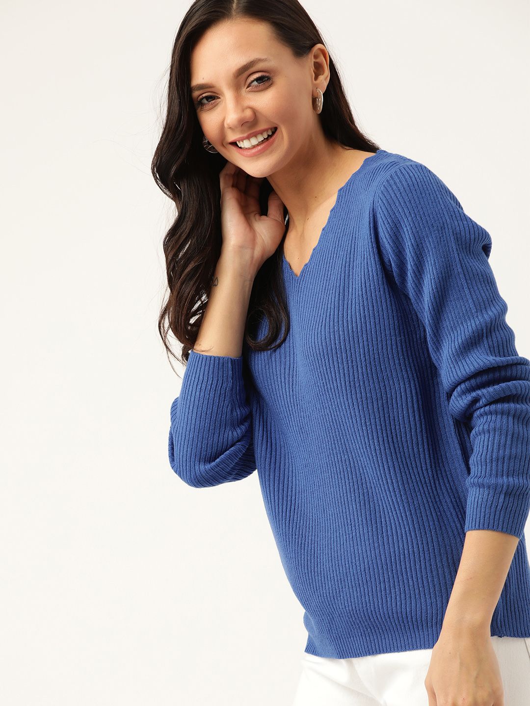 DressBerry Women Blue Ribbed Pullover