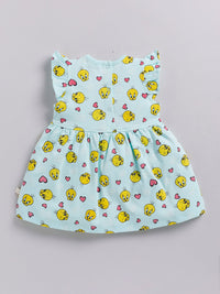 Happy Faces Girls Cotton Printed Flutter Sleeve Fit & Flare Dress