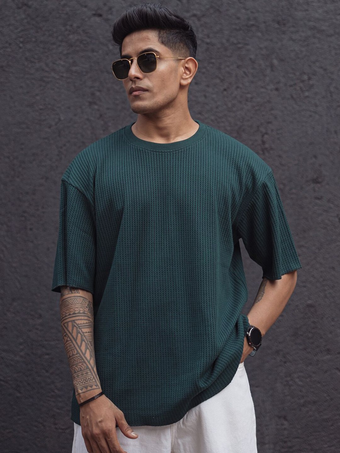 Powerlook Blue Cotton Round Neck Oversized T-shirt