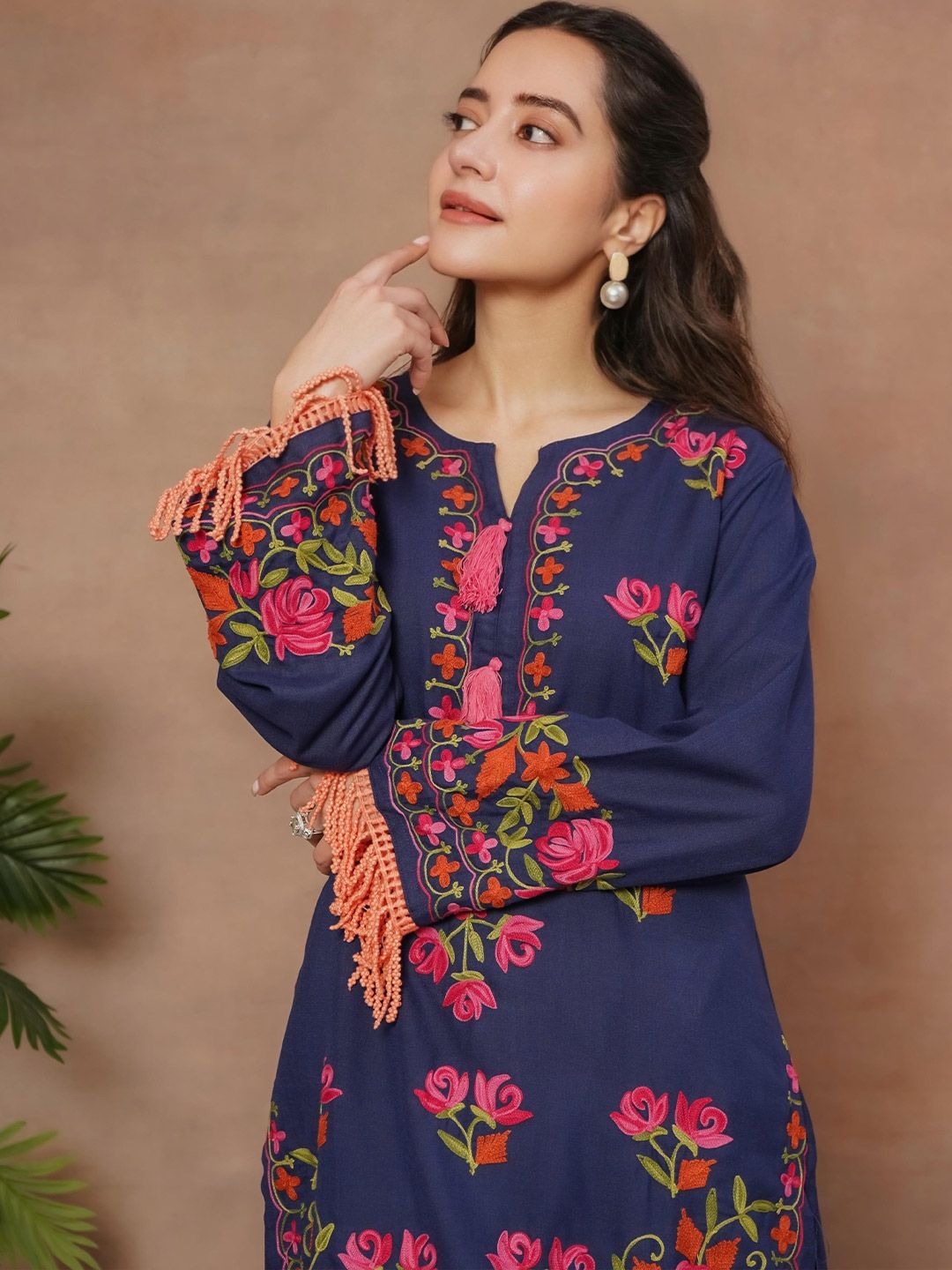 HOUSE OF KARI Falak Kashmiri Embroidered Flared Sleeves Thread Work Cotton Straight Kurta