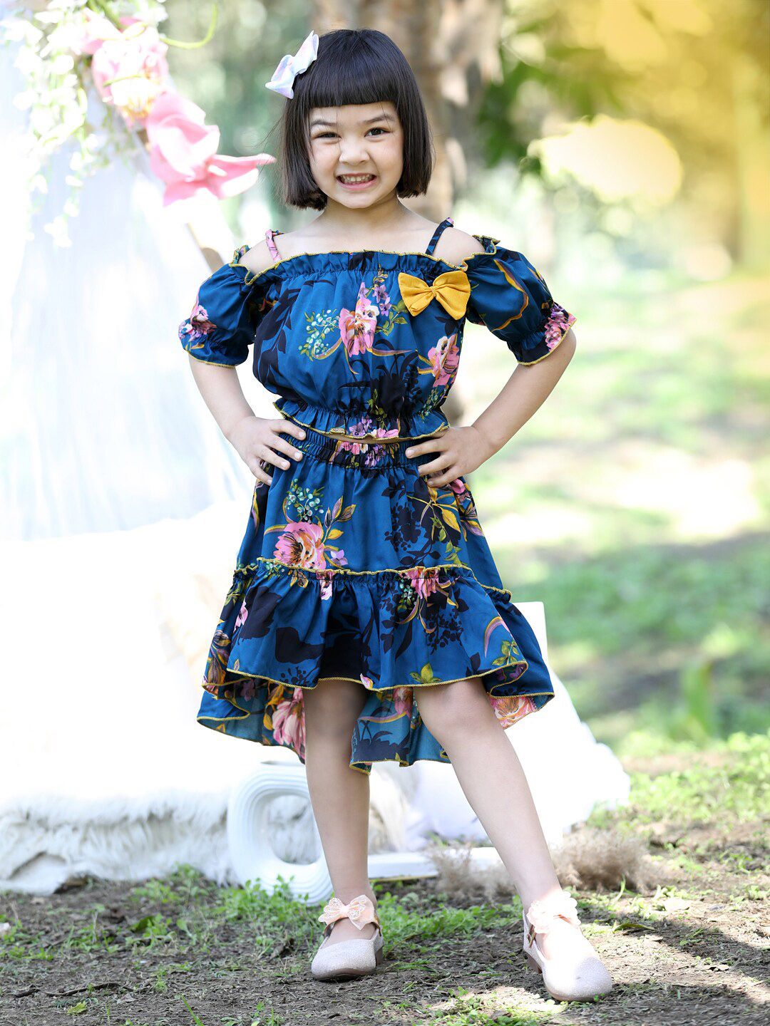 Cutiekins Girls Printed Shoulder Straps Crop Top with Skirt