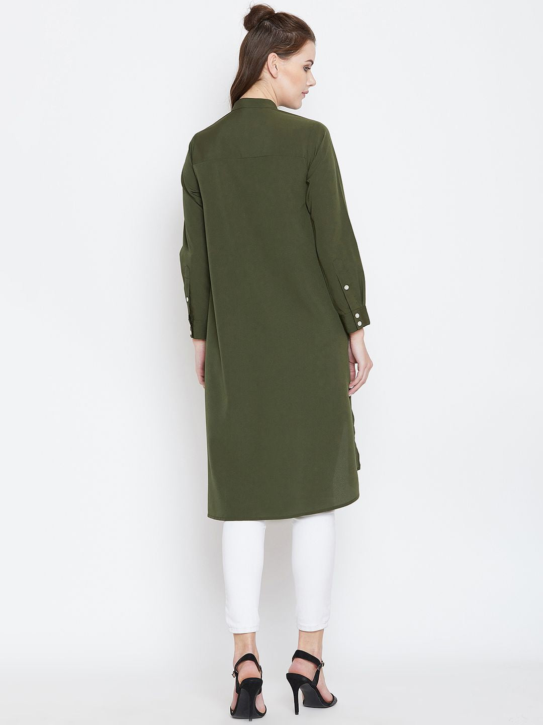 Berrylush Women Olive Green Solid High-Low Top