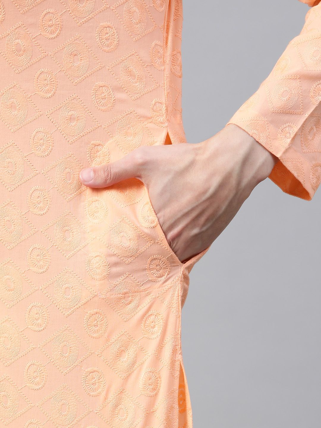 See Designs Men Peach Pure Cotton Chikankari Embroidered Straight Kurta