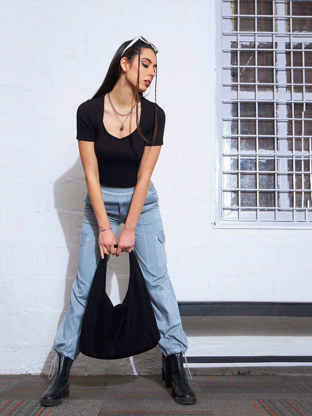 SASSAFRAS Black Square Neck Cotton Fitted Top