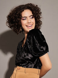SASSAFRAS Black V-Neck Puff Sleeve Velvet Top