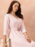 all about you Vertically Striped Seersucker Wrap-Style Midi A-Line Dress with Belt