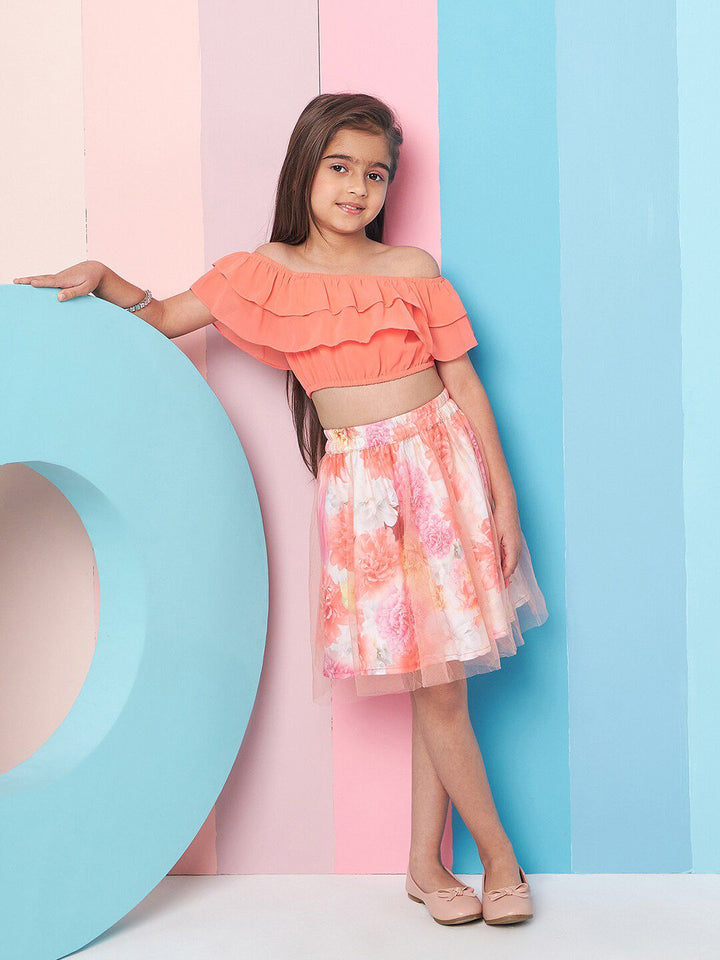 pspeaches Girls Floral Printed Off-Shoulder Top with Skirt