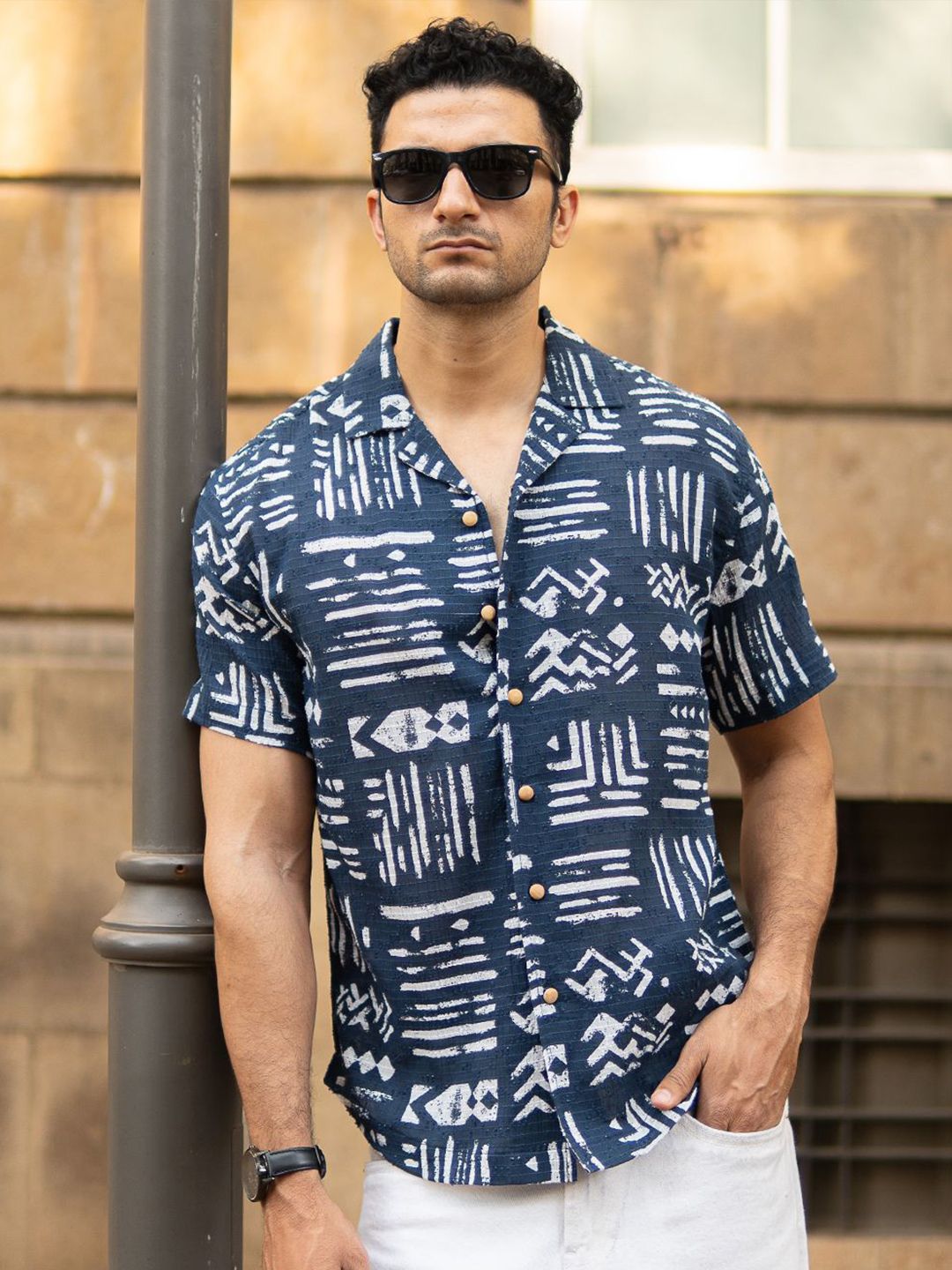 Powerlook Abstract Aztec Printed Cuban Collar Cotton Shirt