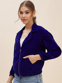 Antheaa Blue Lapel Collar Long Sleeves Velvet Bomber Jacket