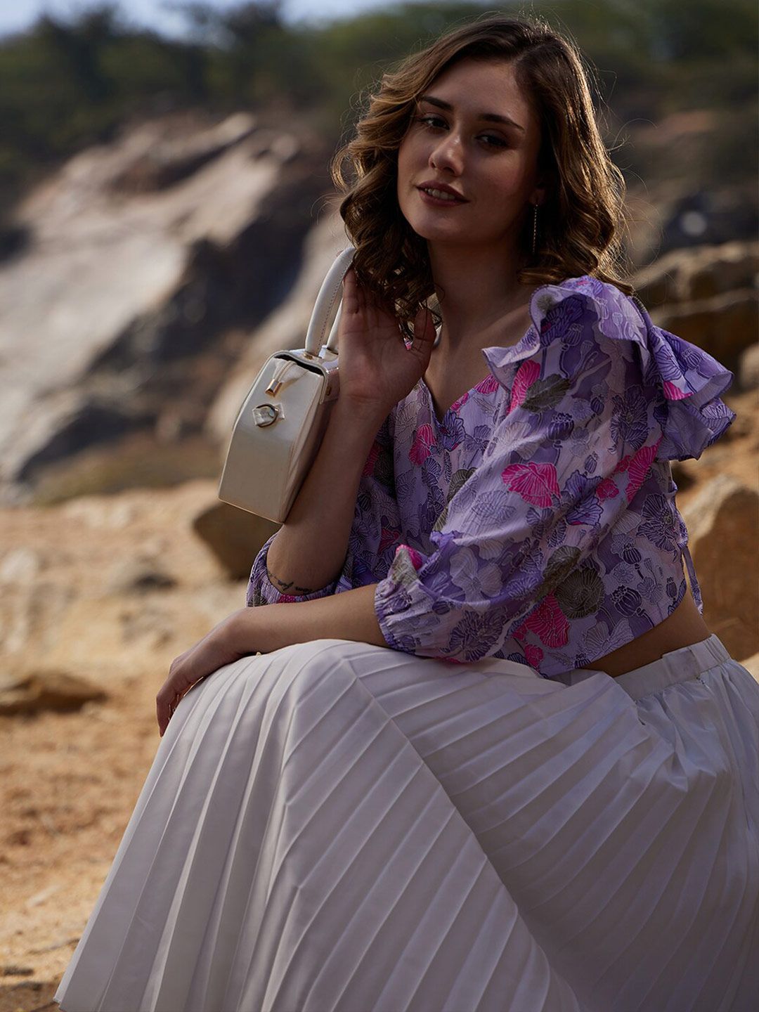 Athena Floral Printed Puff Sleeves Ruffles Detail Crop Top