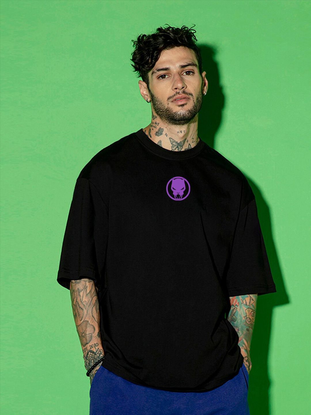 Bewakoof Black Panther Printed Drop-Shoulder Sleeves Oversized Cotton T-shirt