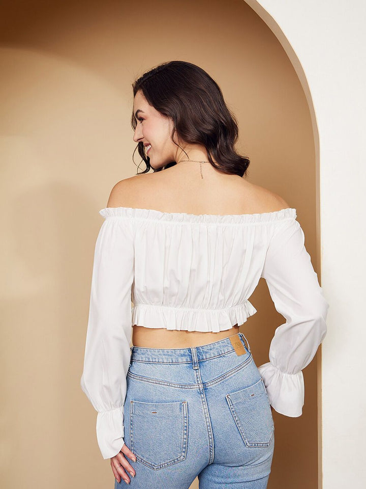 Berrylush White Off Shoulder Bell Sleeves Gathered Detail Crop Bardot Top