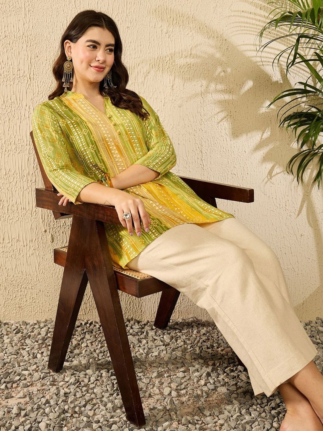 KALINI Floral Print Mandarin Collar A-Line Top