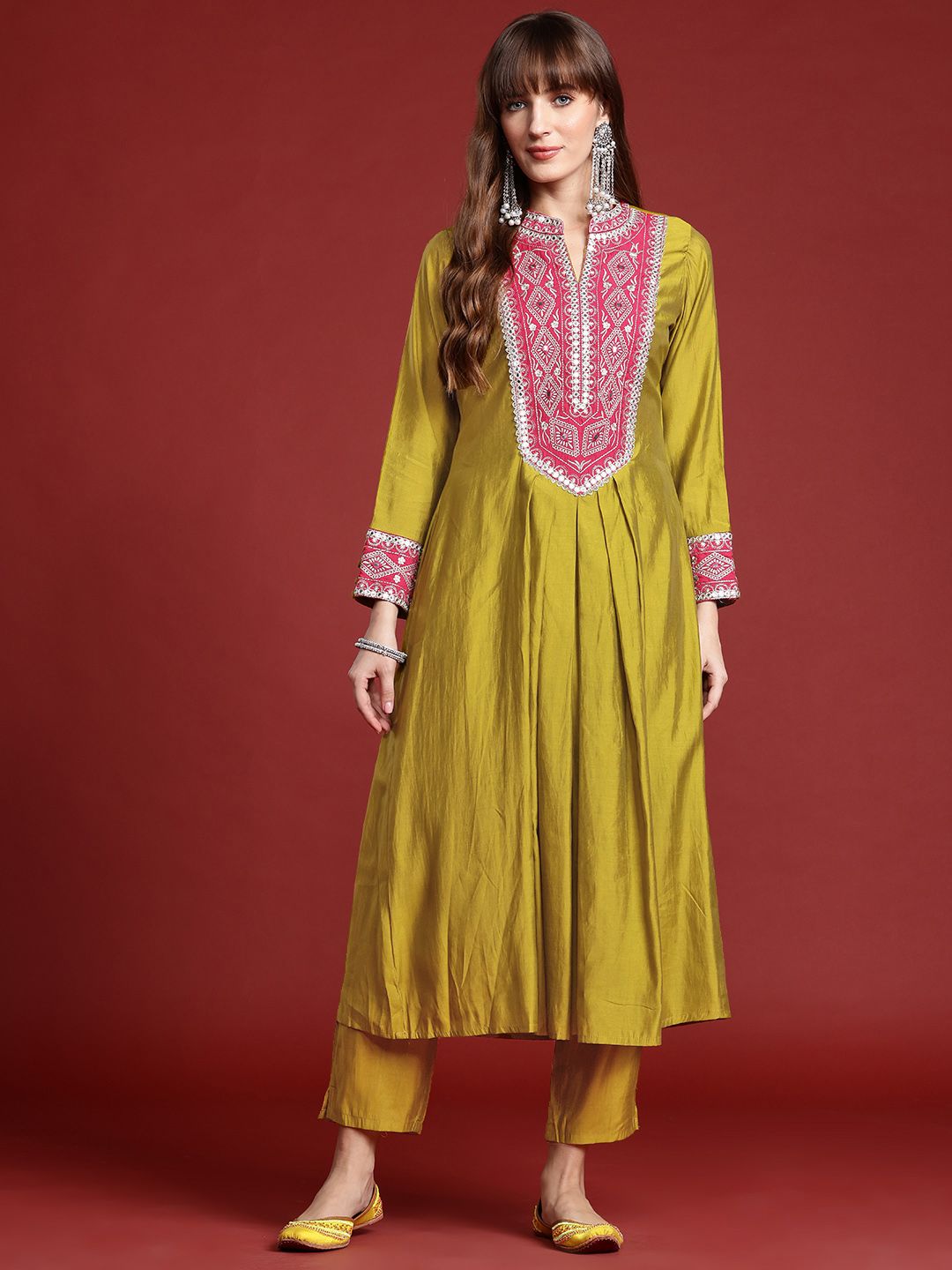 Indo Era Mirror Work Embroidered Pleated Work Kurta with Trousers
