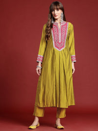 Indo Era Mirror Work Embroidered Pleated Work Kurta with Trousers