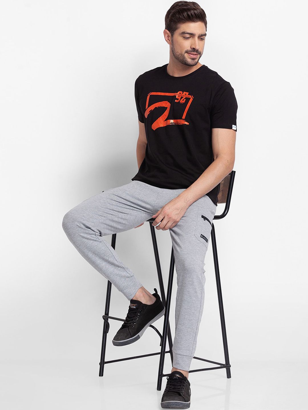 SPYKAR Men Melange Grey Solid Slim-Fit Cotton Jogger