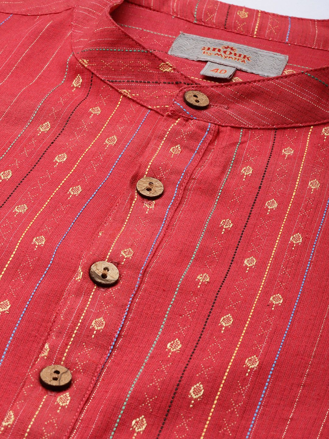 Anouk Men Coral Red Embroidered Mandarin Collar Short Kurta