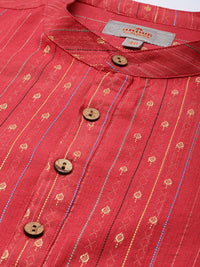 Anouk Men Coral Red Embroidered Mandarin Collar Short Kurta