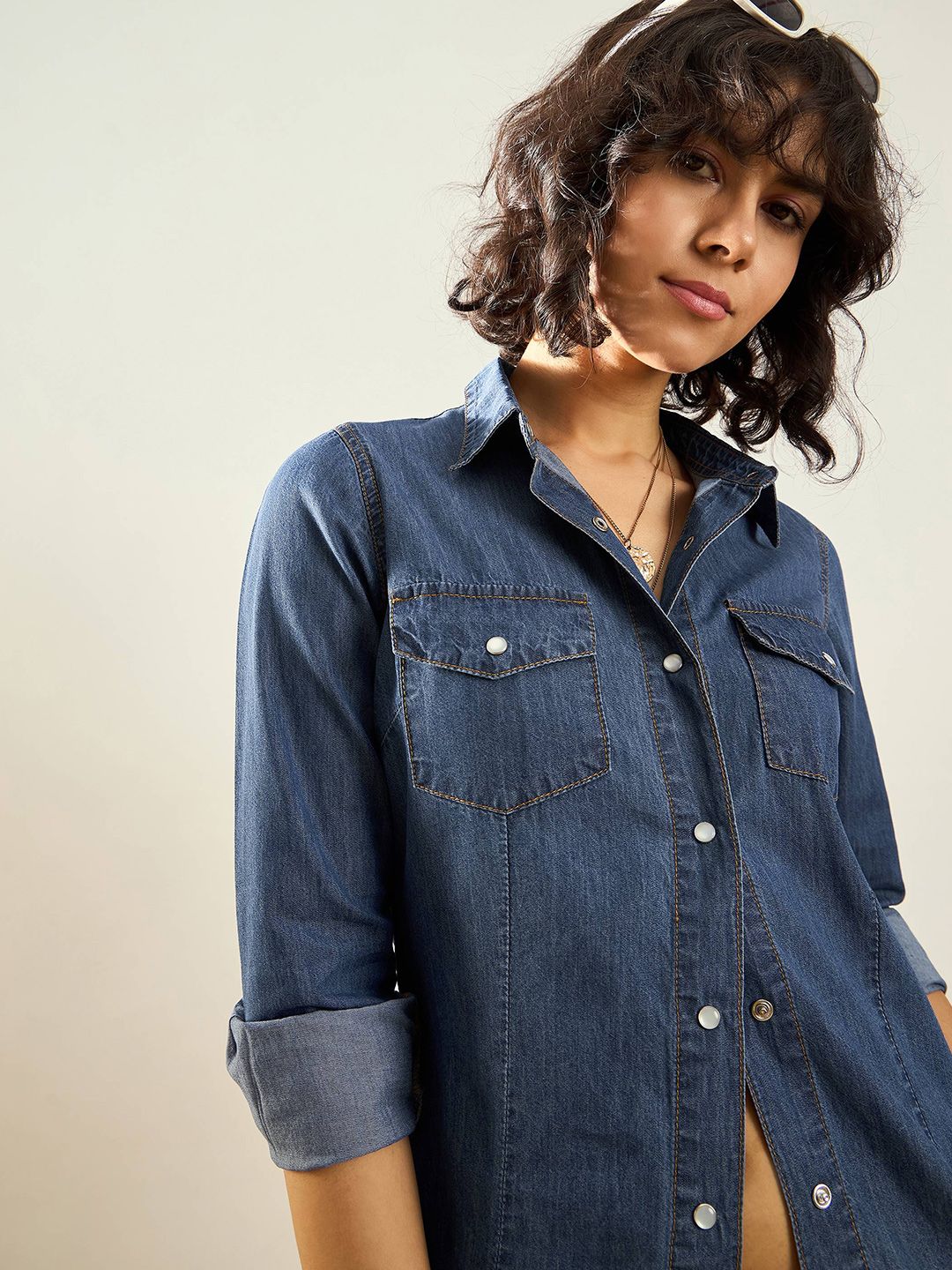 SASSAFRAS Blue Snap Button Placket Long Sleeves Casual Shirt