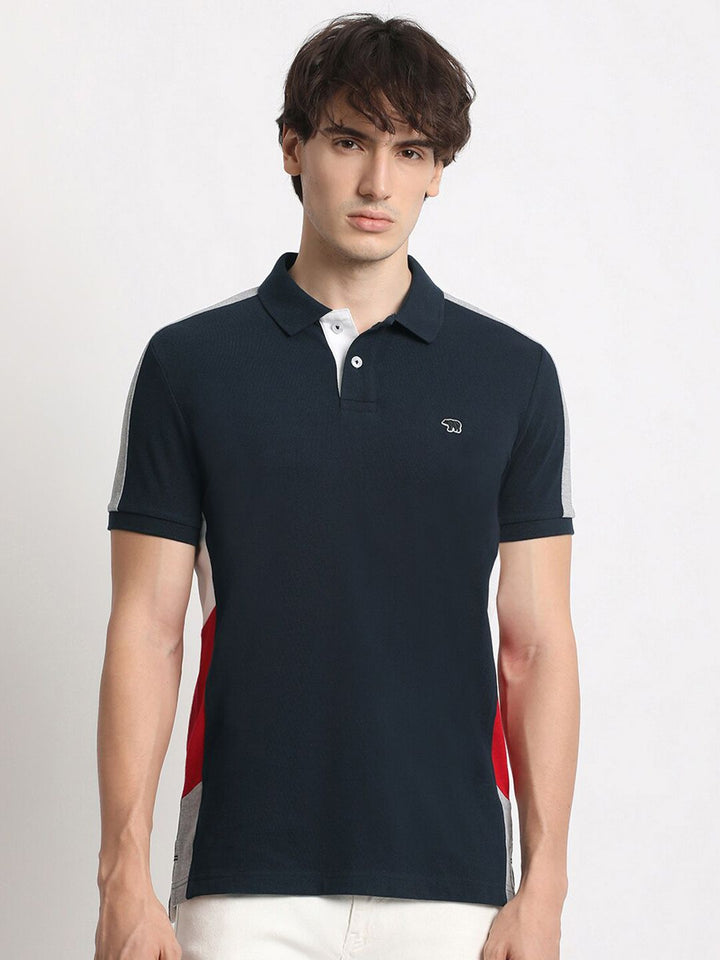 THE BEAR HOUSE Colourblocked Polo Collar Pure Cotton Slim Fit T-shirt