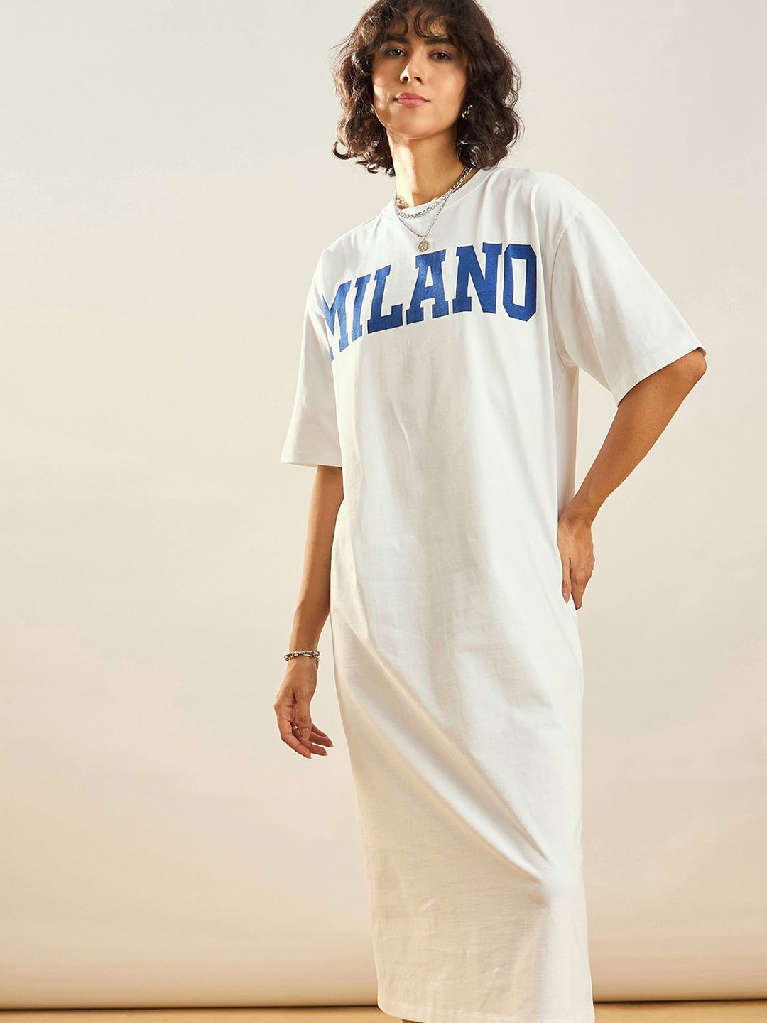 SASSAFRAS White Typographic Printed Pure Cotton Oversized T-shirt Dress