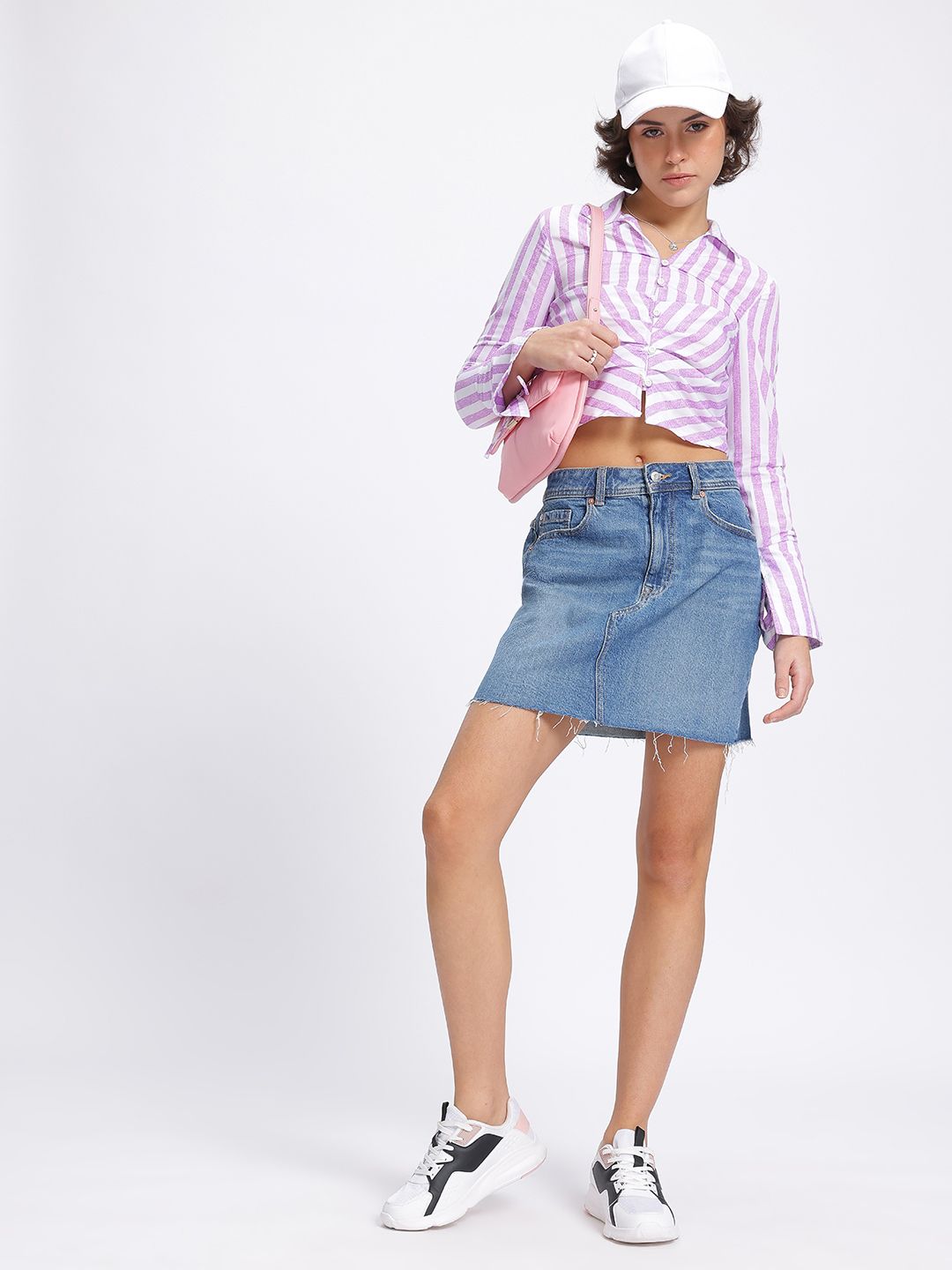 DressBerry Striped Ruched Shirt Style Crop Top