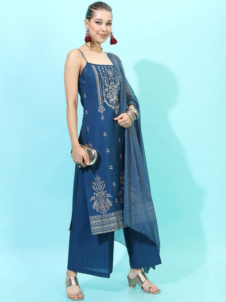 Vishudh Women Teal Ethnic Motifs Printed Kurta with Palazzos & With Dupatta