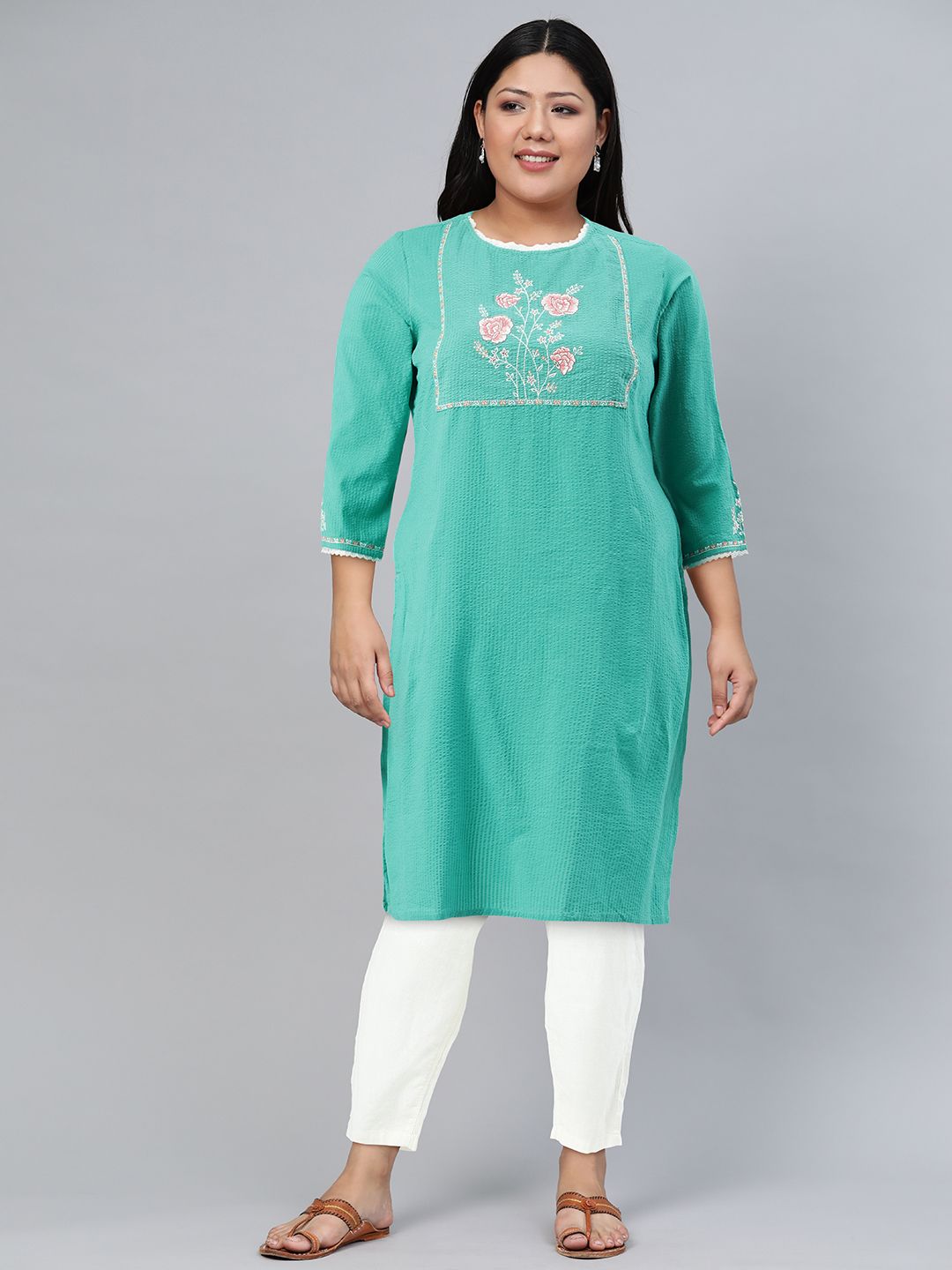 Global Desi Women Cotton Floral Embroidered Kurta