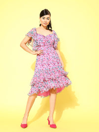 Antheaa Floral Print Flared Sleeve Chiffon A-Line Dress