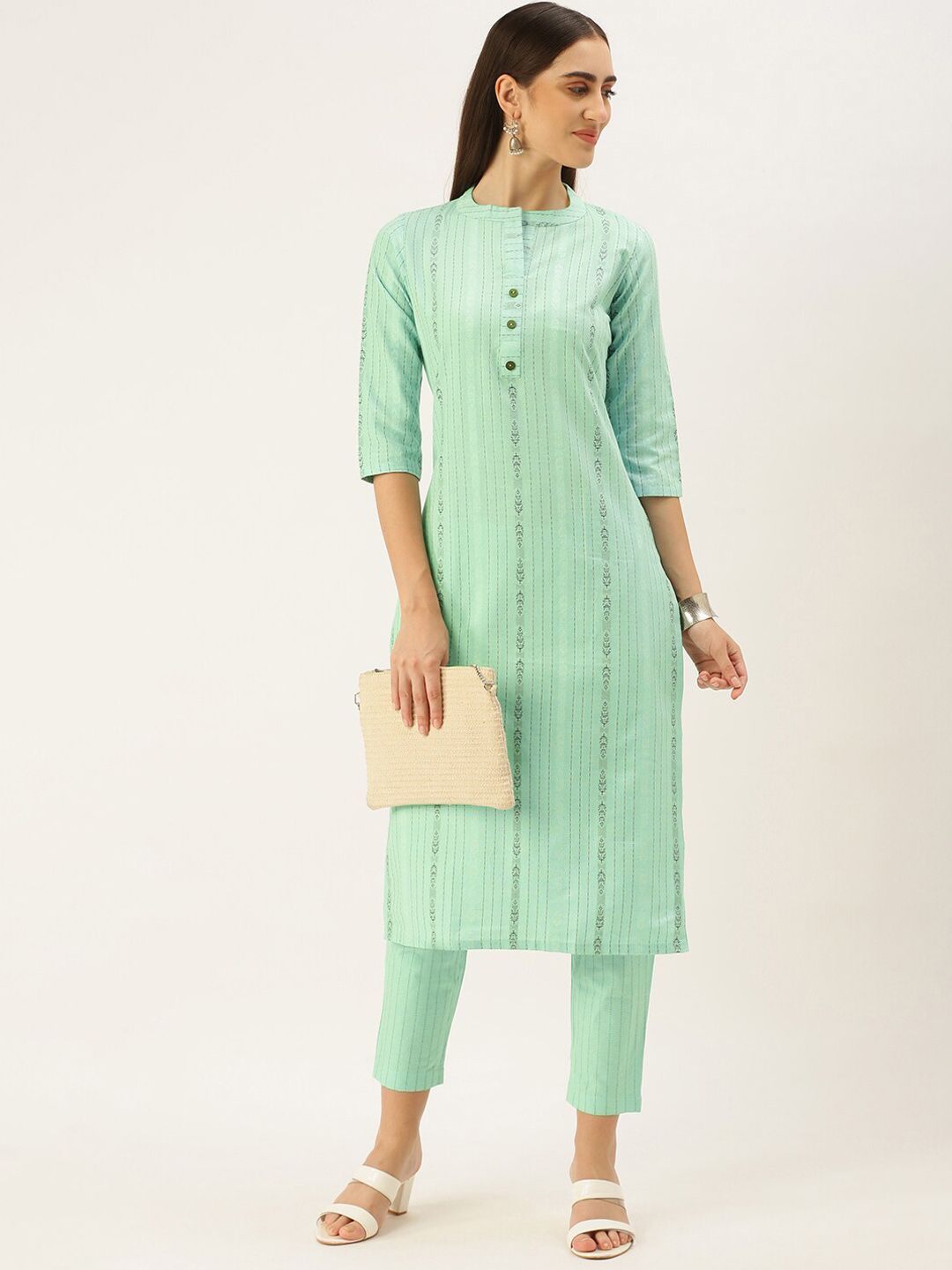 KALINI Striped Mandarin Collar Straight Kurta with Trousers