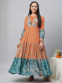 AURELIA Floral Printed Tie-Up Neck Cuffed Sleeves Tiered Detail Georgette Maxi Dress