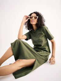 SASSAFRAS BASICS Olive Green Shirt Collar Oversized Cotton Midi A-Line Dress