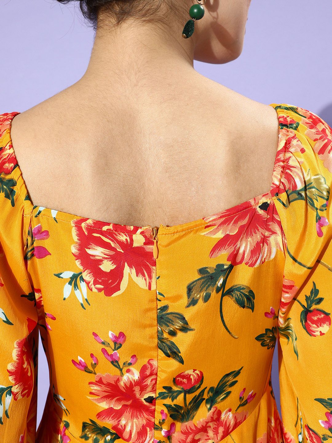 Berrylush Women Yellow Floral Puff Sleeves Dress