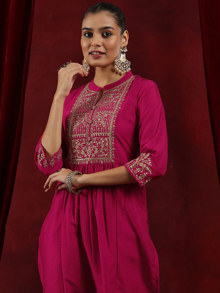 Libas Pink Floral Yoke Design Mandarin Collar Dobby Weave Kurta with Trousers & Dupatta