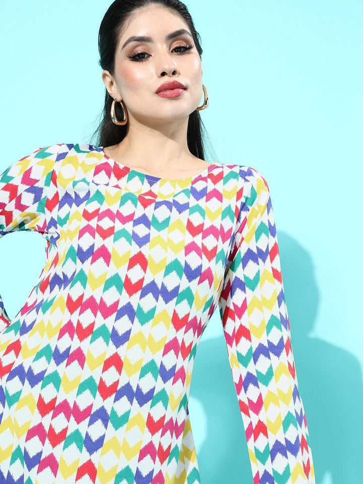 Berrylush Multicoloured Geometric Print Round Neck Polyester Crepe High-Low Longline Top