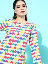 Berrylush Multicoloured Geometric Print Round Neck Polyester Crepe High-Low Longline Top