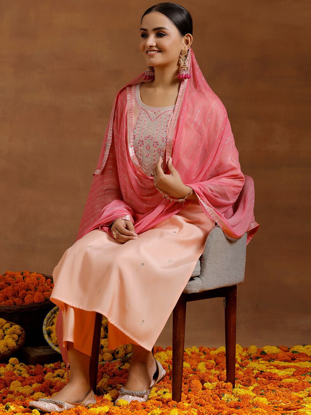 Libas Floral Yoke Design Regular Sequinned Straight Kurta With Trousers & Dupatta