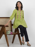 W Floral Embroidered Puffed Sleeves Pure Cotton Longline A-Line Top