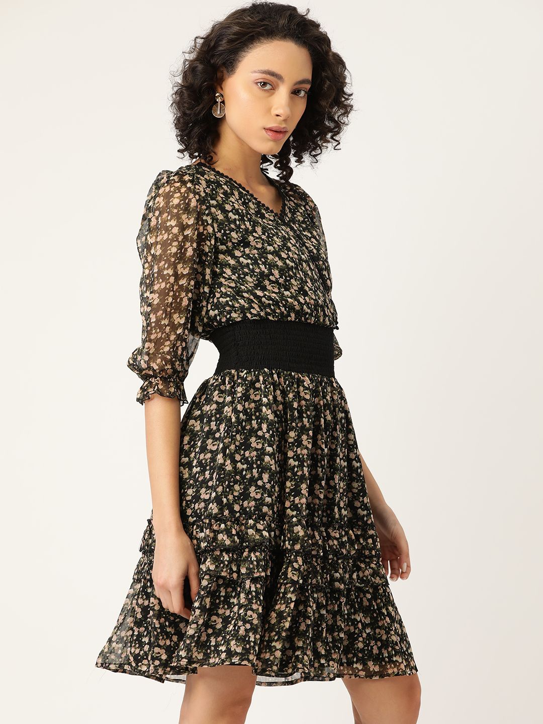 Antheaa Women Black & Green Floral Print Smocked Wrap Dress