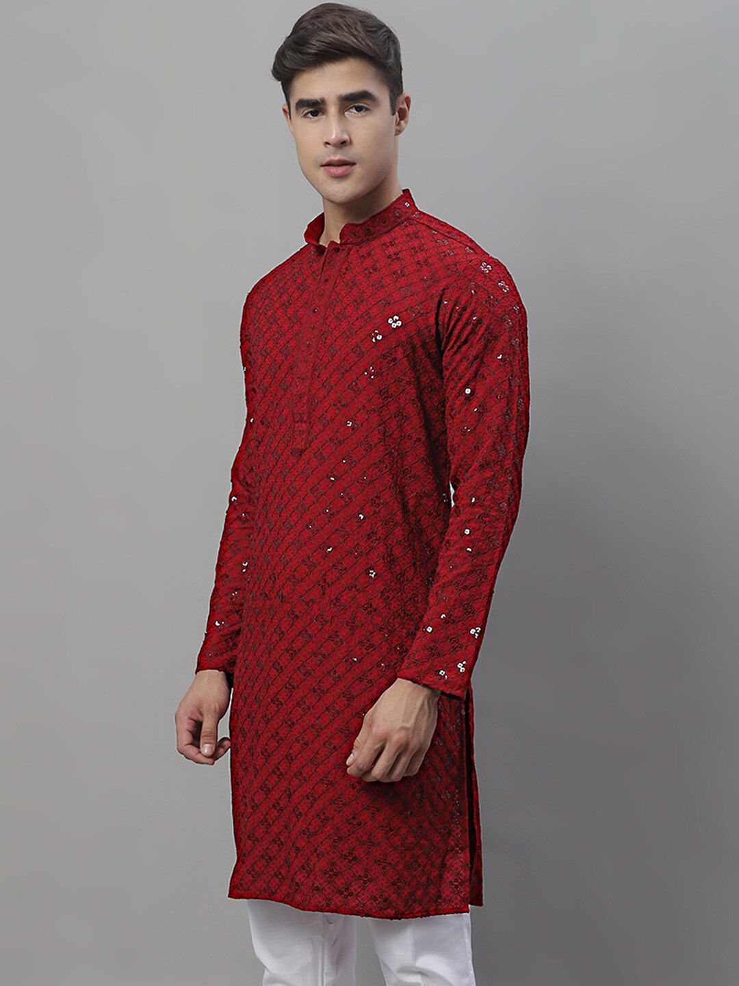 Jompers Mandarin Collar Ethnic Motifs Embroidered Chikankari Kurta