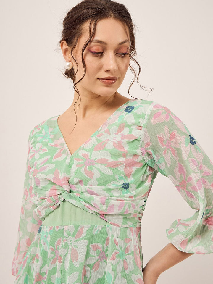 Antheaa Green Floral Printed Puff Sleeves Gathered Smocked Fit & Flare Dress