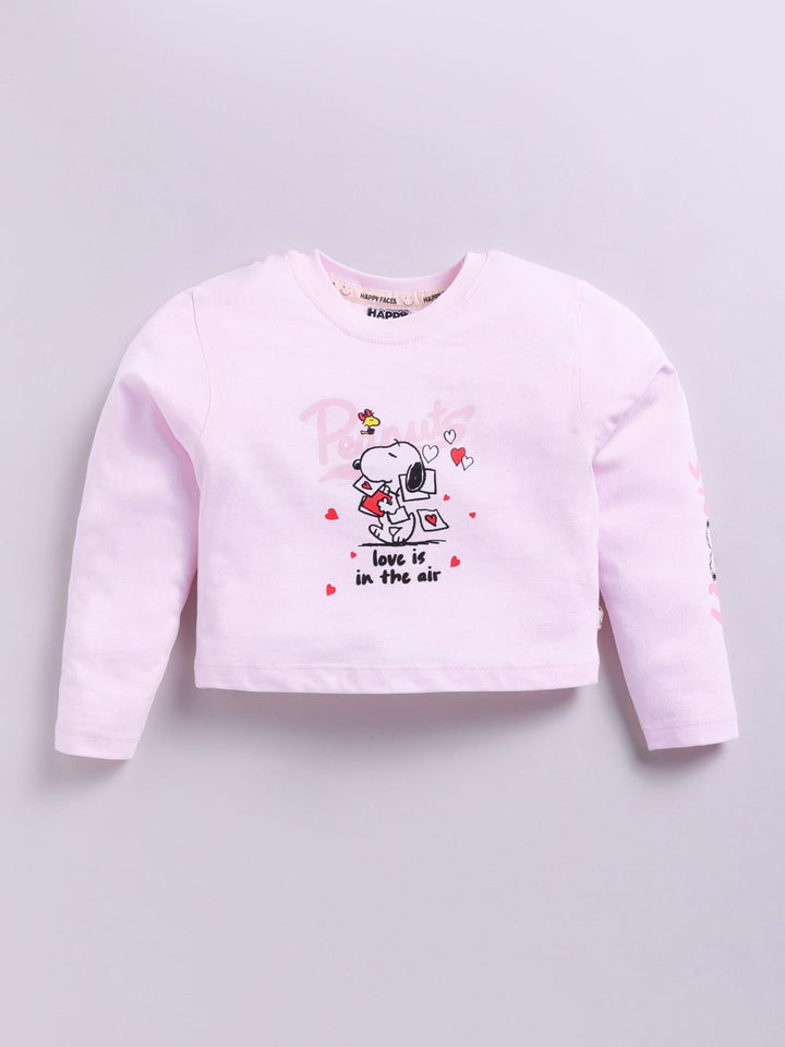 Happy Faces Girls Snoopy Print Drop-Shoulder Sleeves Pure Cotton T-shirt