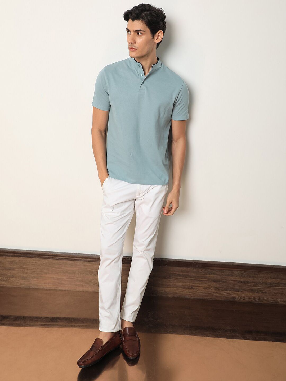 Lelaki Arnab Langka Barrie Mandarin Collar Cotton Slim Fit T-Shirt