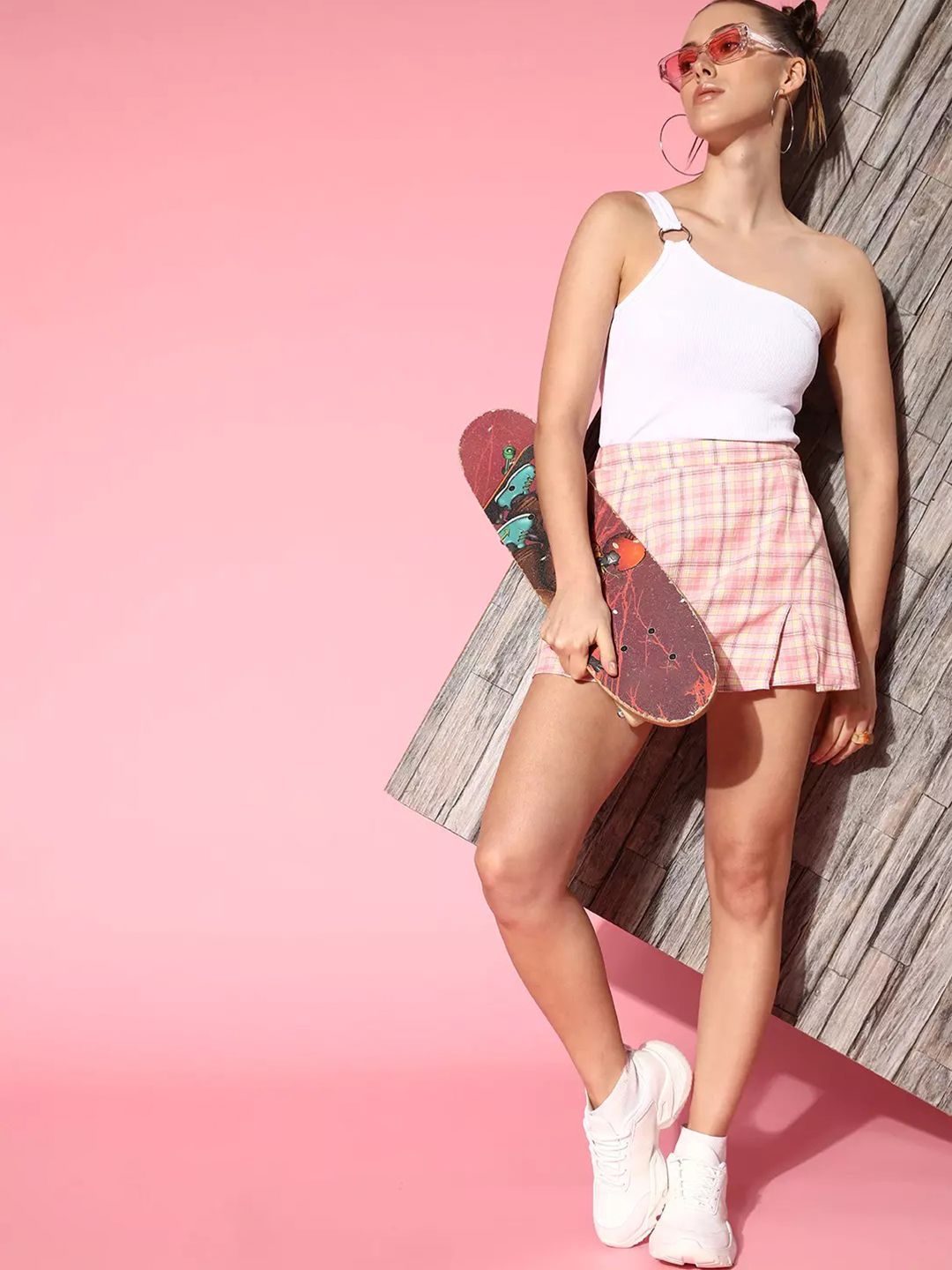 Berrylush Pink Checked Uniform Dressing Skirt