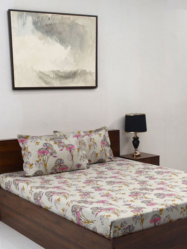 BOMBAY DYEING Floral Fiesta Grey Floral Cotton 140TC Queen Bedsheet Set 2.54 x 2.28m