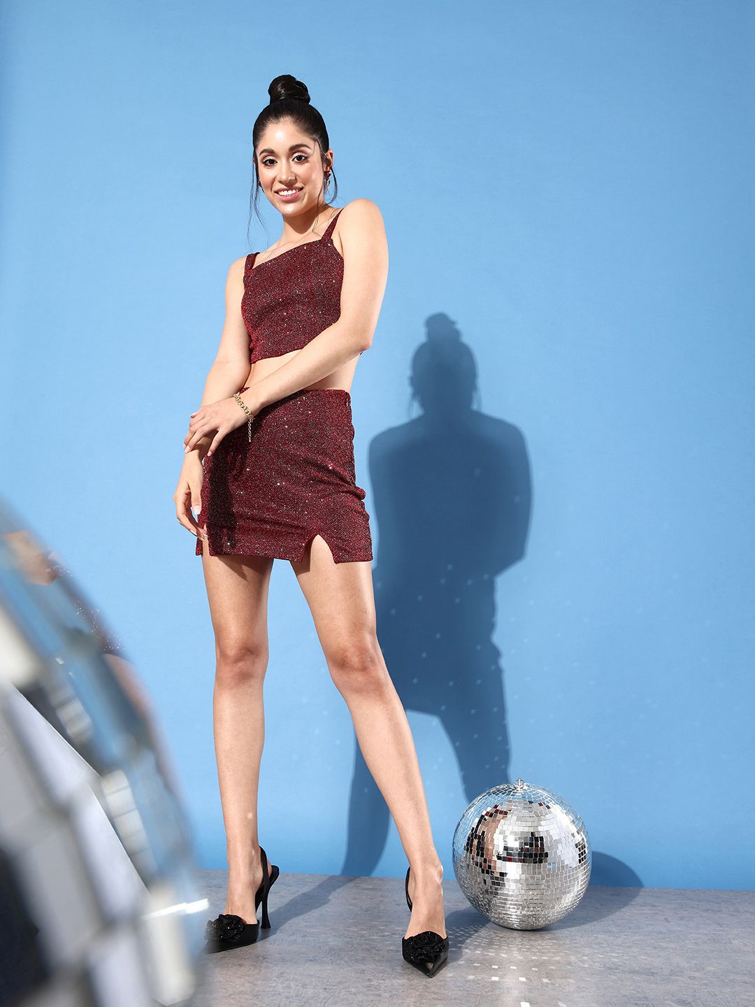 DressBerry Women Blinky Maroon Embellished Top & Skirt Party Co-Ords