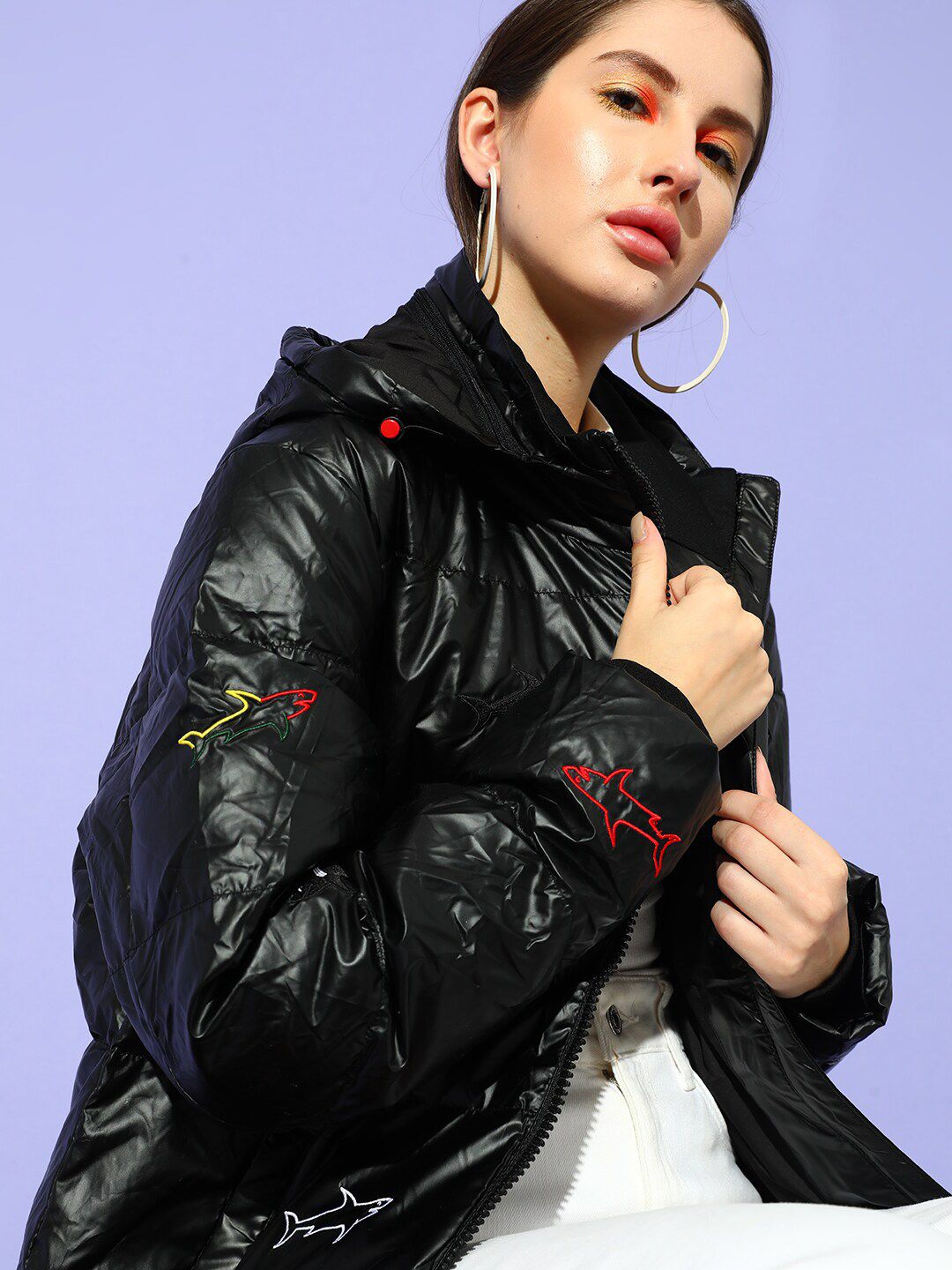 STREET 9 Women Black Floral Longline Puffer Jacket